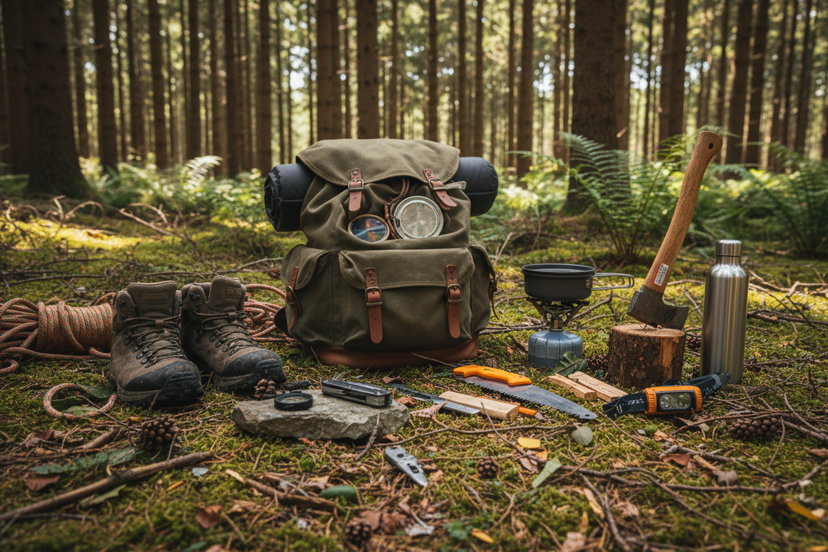 Outdoor Gear und Werkzeuge auf Waldboden